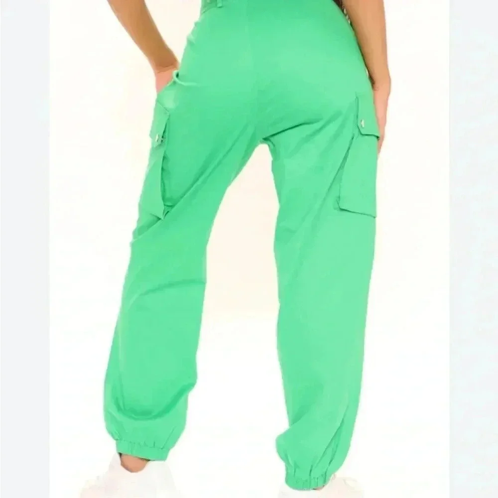 Cargo Green Pants with Belt, Pocket and Cropped/ Full Length High Waisted Jogger